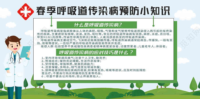 绿色卡通春季呼吸道传染病预防小知识春季传染病展板