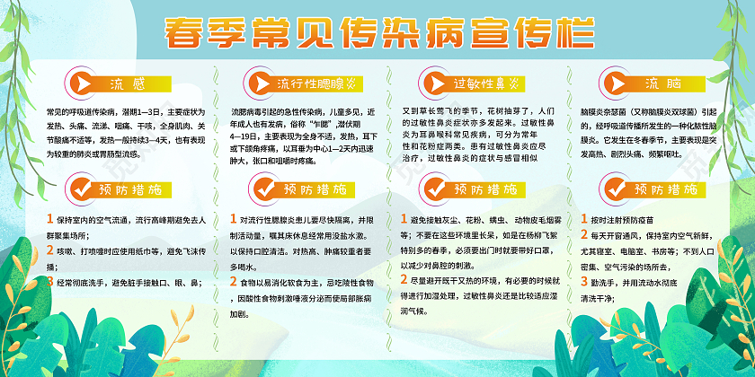 绿色植物春天插画卡通春季常见传染病宣传栏春季传染病