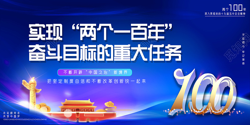 蓝色手绘实现两个一百年奋斗目标两个一百年党建党课党政展板