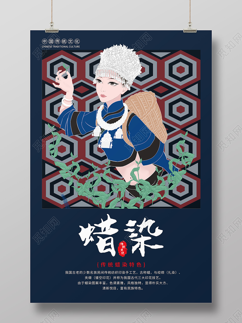 蓝色清新苗族蜡染海报模板