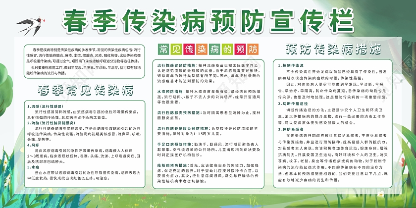 绿色春天插画背景春季传染病疾病知识预防宣传栏