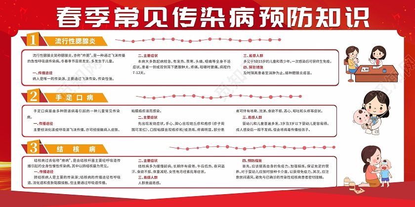 红色线条背景儿童卡通春季传染病防治知识宣传栏