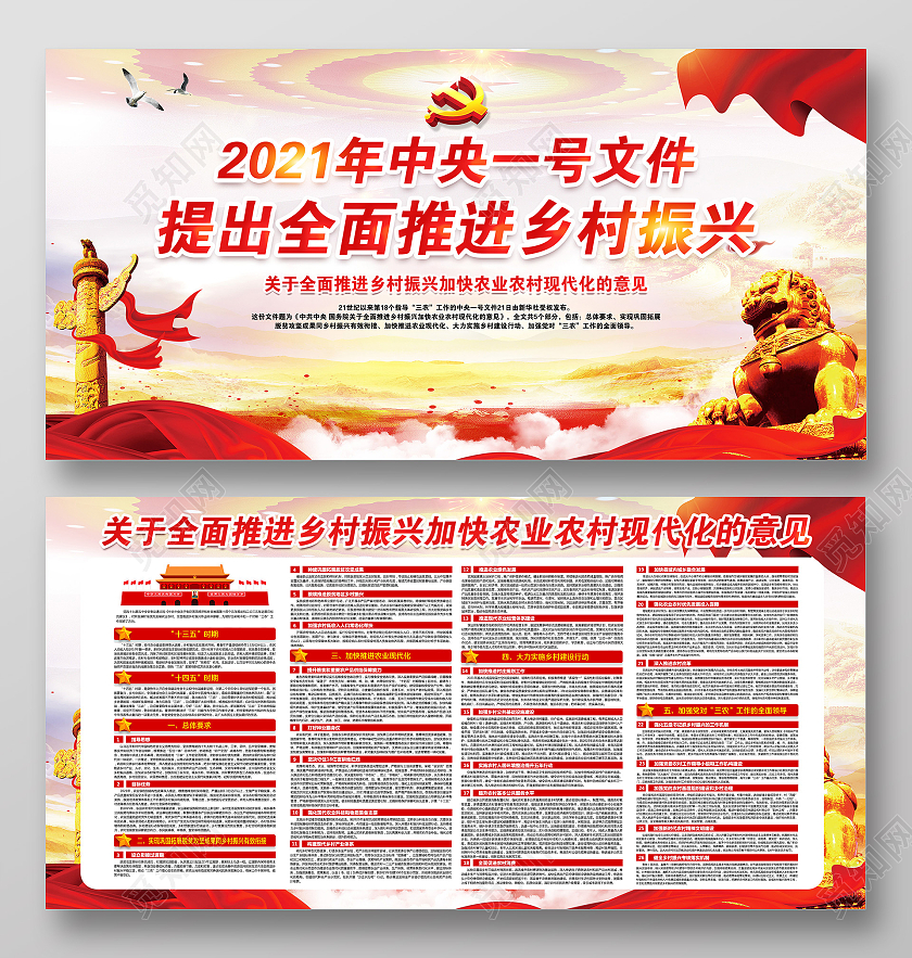 黄色风格2021中央一号文件宣传栏党建党政党课2021中央一号文件