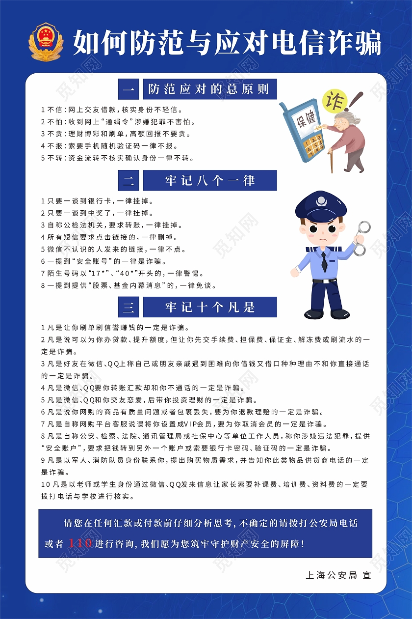蓝色警察插画公安提示如何防范网络电信诈骗海报预防网络电信诈骗