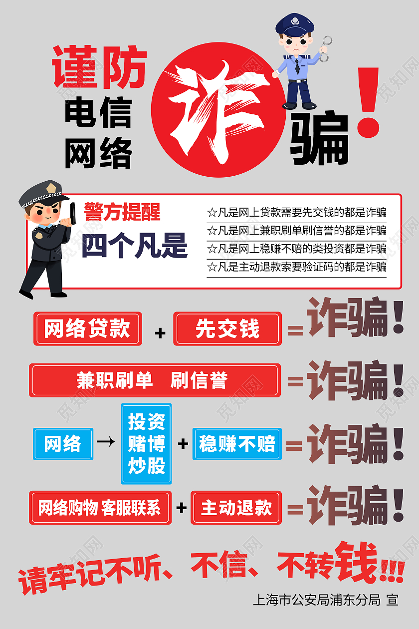 灰色简约谨防电信诈骗防诈骗海报宣传