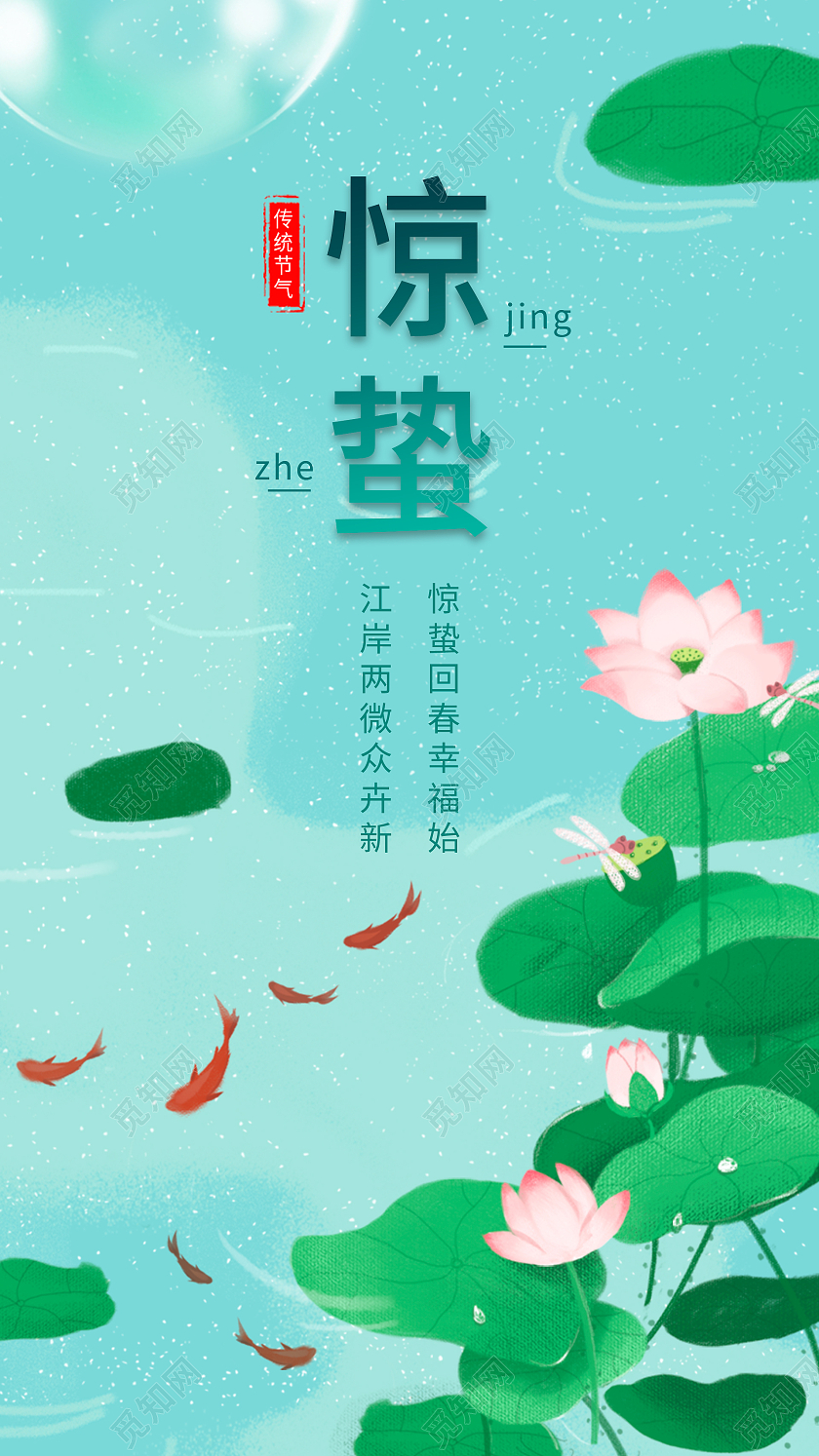 手绘小清新蜻蜓锦鲤池塘荷叶二十四节气惊蛰手机启动页UI海报