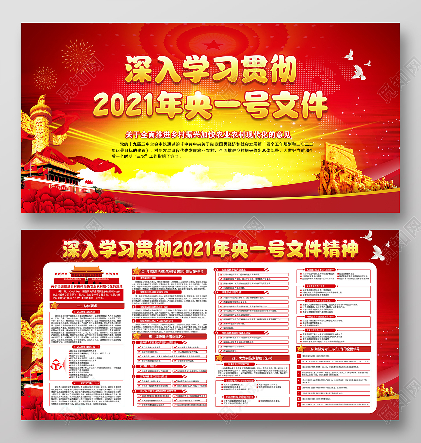 红色风格中央一号文件宣传展板党建党政党课2021中央一号文件