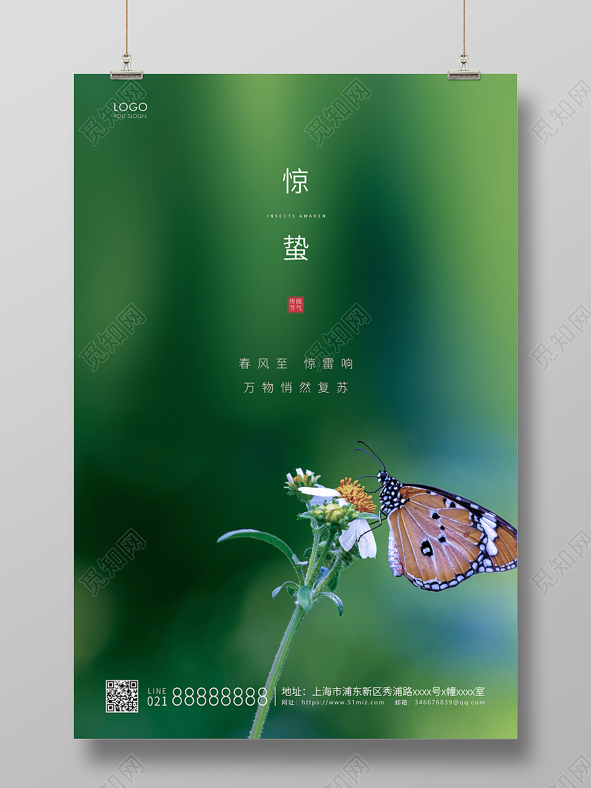 绿色简约二十四节气惊蛰节气宣传海报24节气二十四节气惊蛰