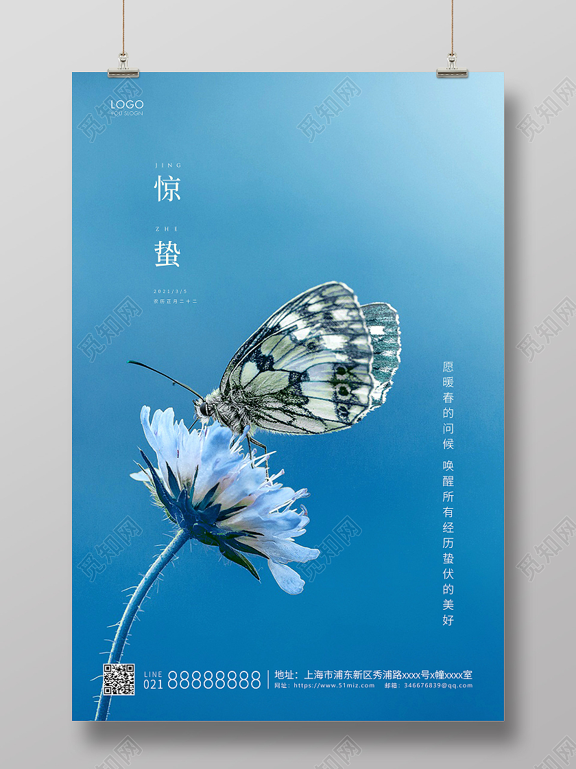 蓝色简约二十四节气惊蛰节气宣传海报24节气二十四节气惊蛰