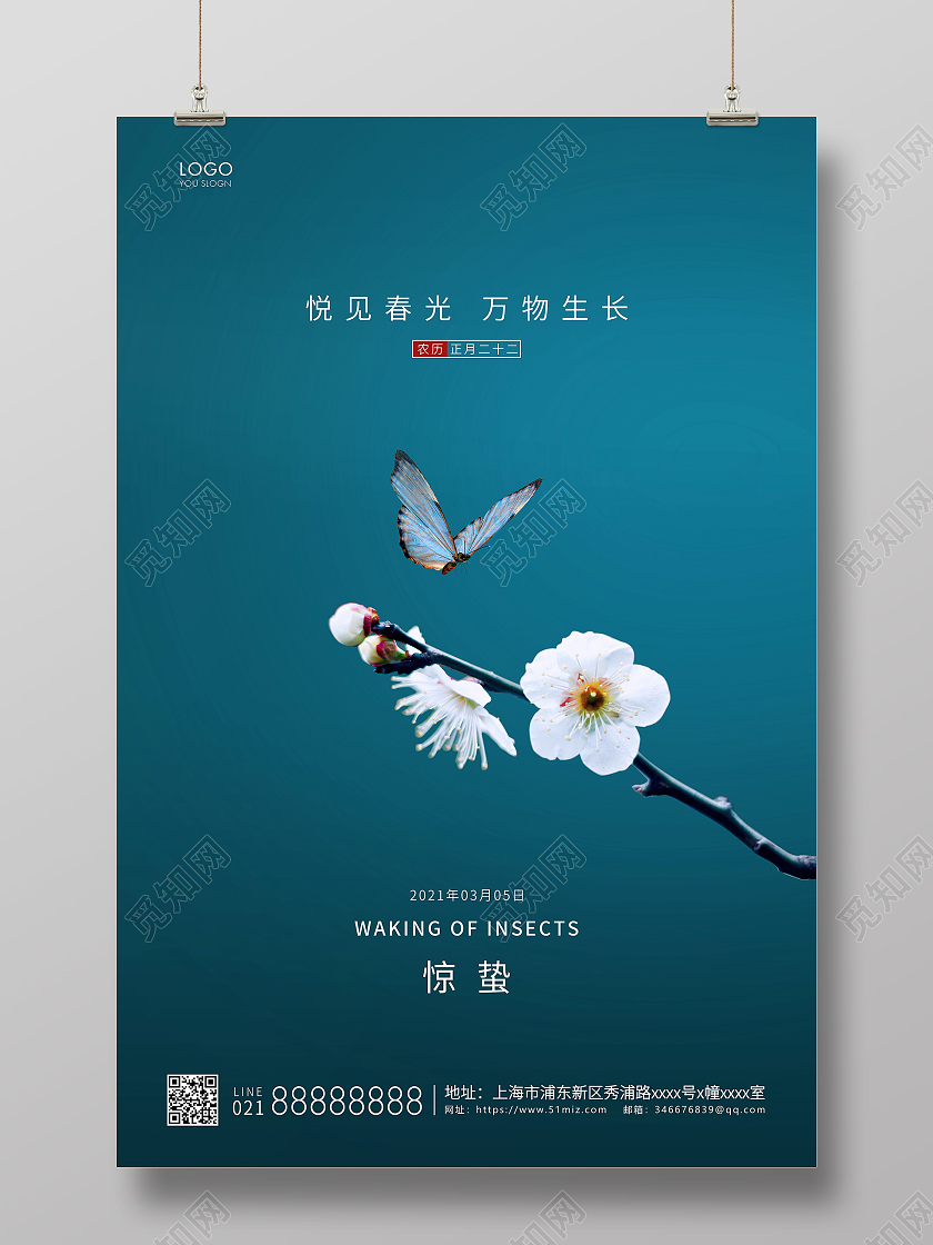 蓝色简约二十四节气惊蛰节气宣传海报24节气二十四节气惊蛰