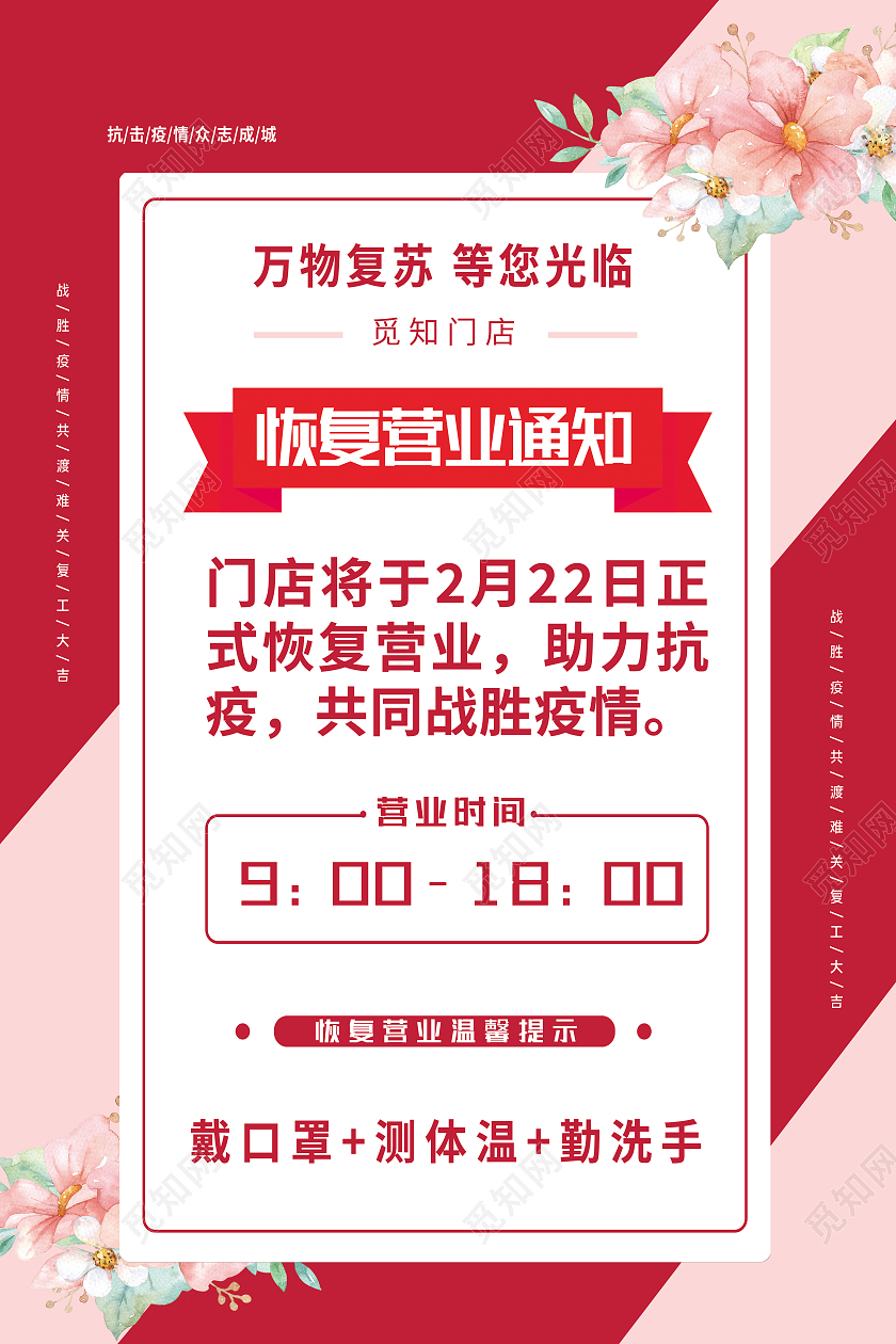 红色简约恢复营业通知海报