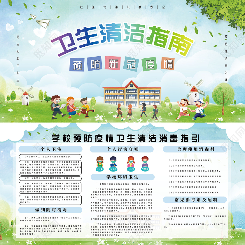 蓝天草地校园卫生清洁指南预防新冠疫情展板模板