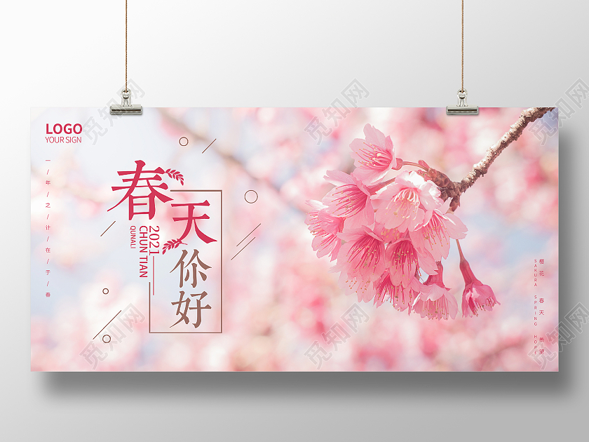 粉色插画春天到樱花开春季到来