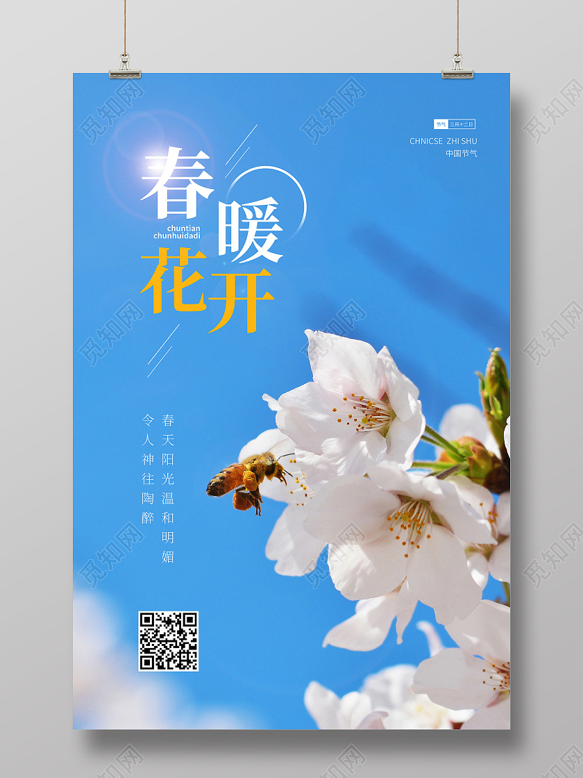 蓝色简约春天春暖花开梨花宣传海报