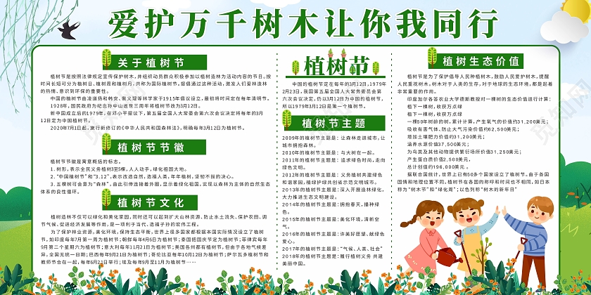 绿色春天植树儿童插画背景植树节宣传栏