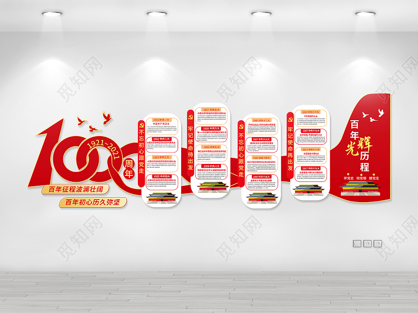 红色简洁大气百年光辉历程党建100周年文化墙设计建党100周年文化墙