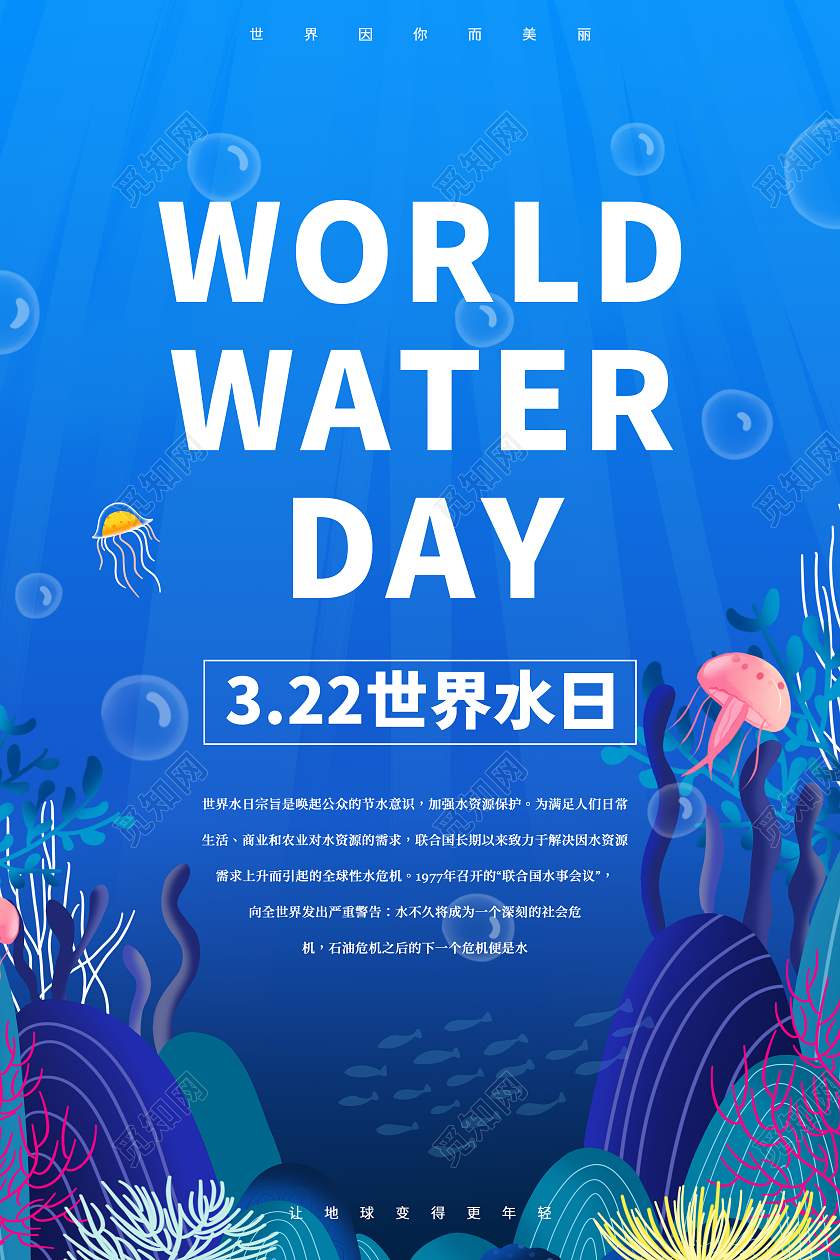 蓝色卡通风格世界水日3月22日宣传海报世界节水日