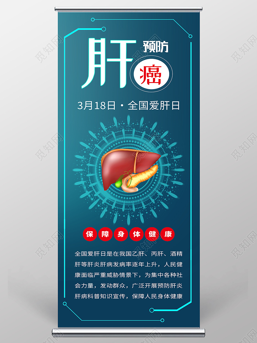 蓝色卡通预防肝癌全国爱肝日展架易拉宝