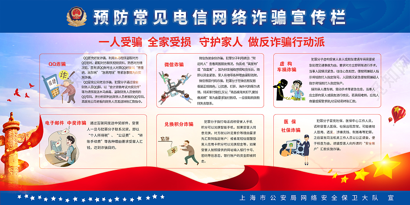 蓝色渐变菱格简约谨防电信诈骗防诈骗展板宣传预防网络电信诈骗
