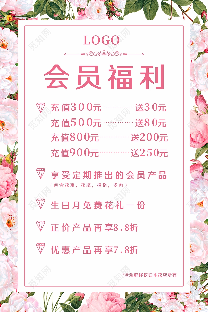 水彩花卉边框花店会员福利优惠海报