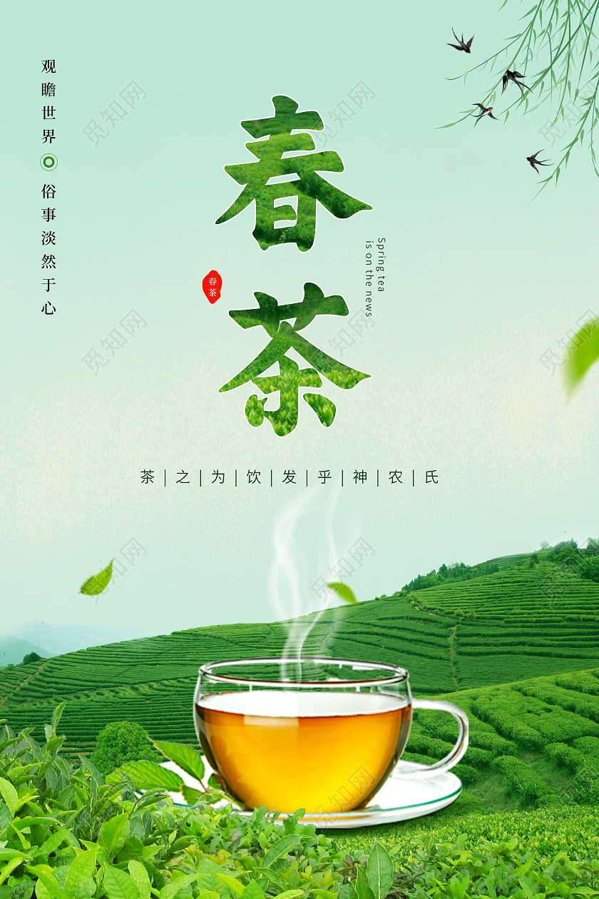 小清新背景新鲜绿茶春茶茶叶海报宣传春季春天春茶