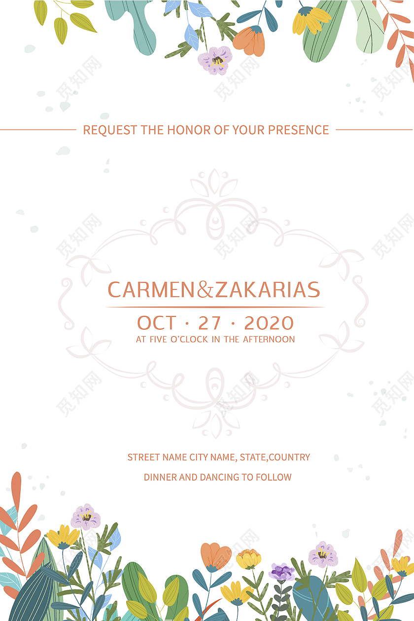 橙色小清新婚礼邀请海报婚礼邀请函