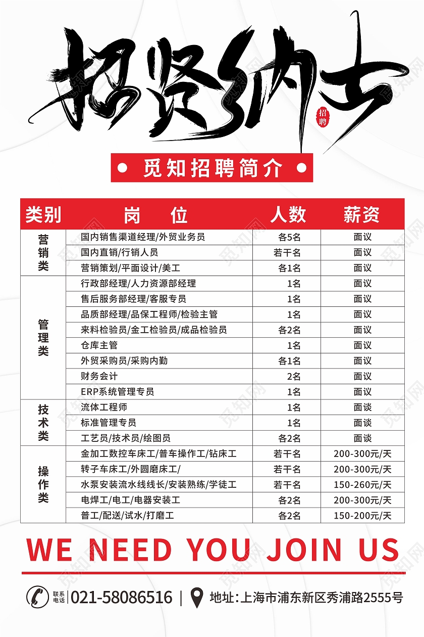 白色简约背景企业工厂招聘招贤纳士海报
