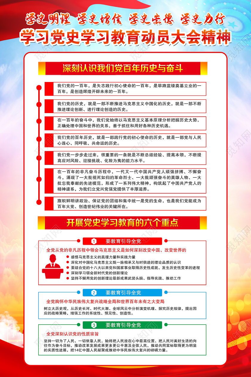 蓝色风格党史动员大会学习宣传教育展板教育动员大会