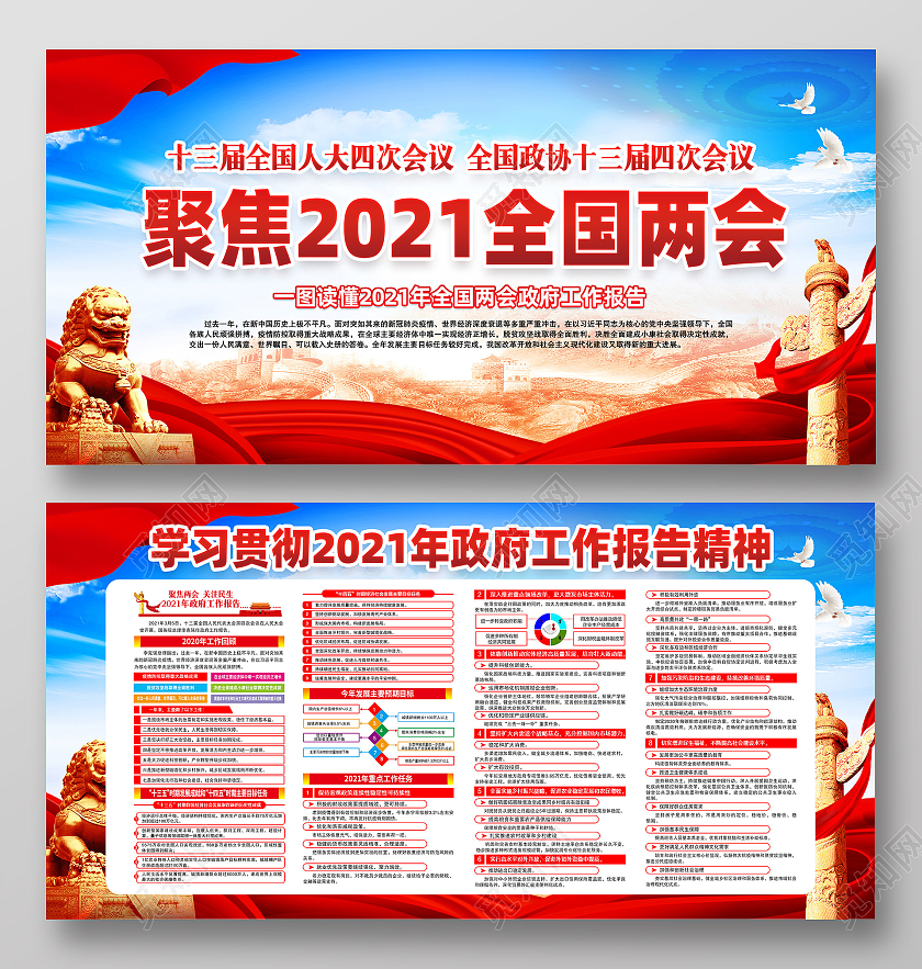 蓝色风格2021两会精神宣传栏聚焦两会宣传展板