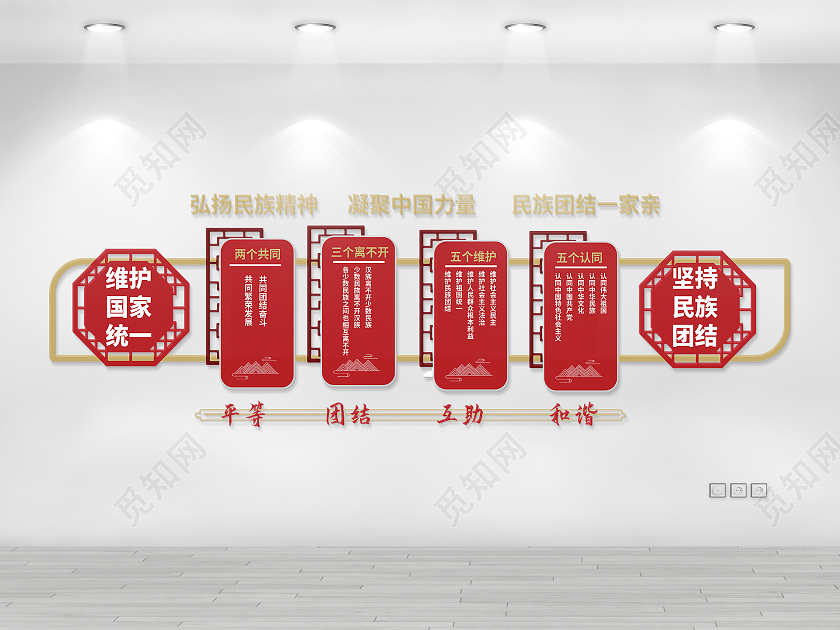 深红色简洁大气中国风民族团结文化墙设计