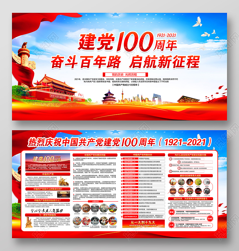 蓝色风格党史宣传展板七一建党节党史宣传栏党建100周年党史宣传栏