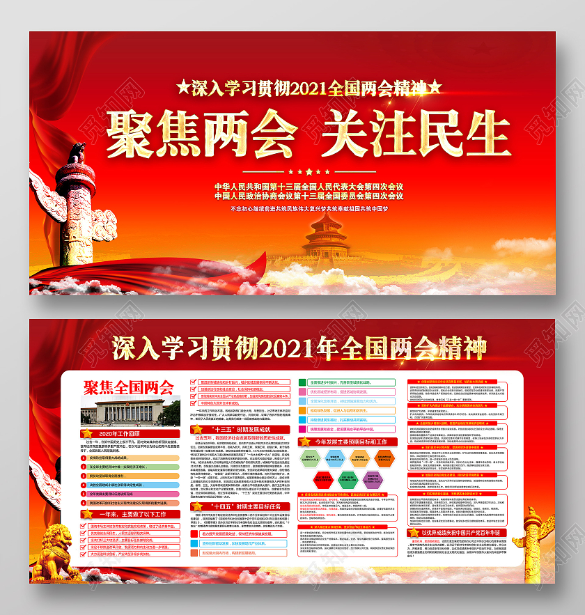 红色风格2021聚焦两会宣传展板2021两会精神宣传栏