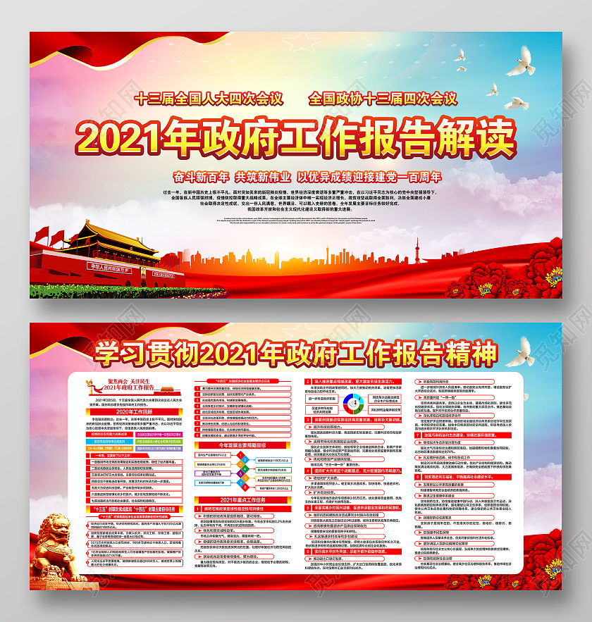 水彩风格2021政府工作报告宣传展板2021两会精神宣传栏