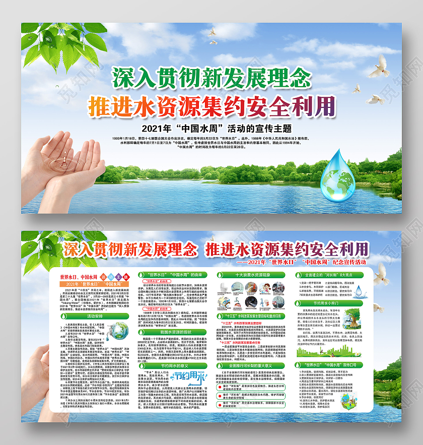 蓝色风格2021世界水周宣传展板世界水日中国水周