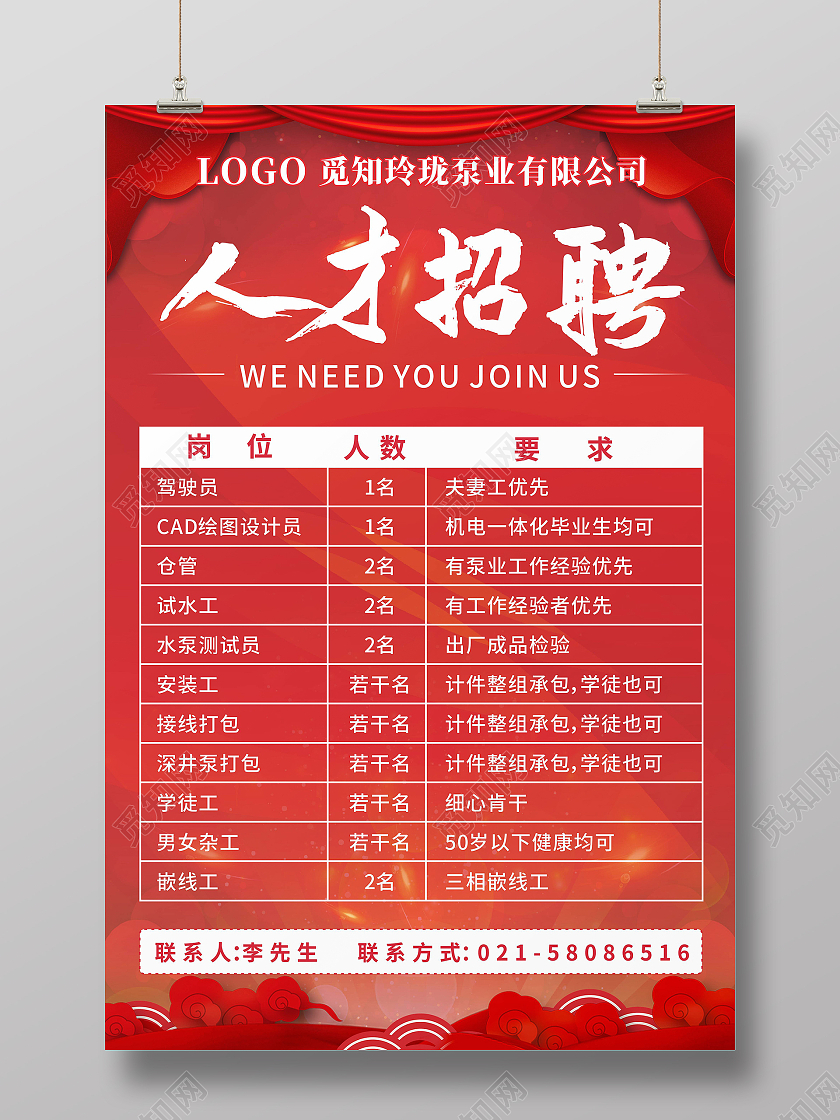 红色系企业门店工厂人才招聘海报工厂招聘