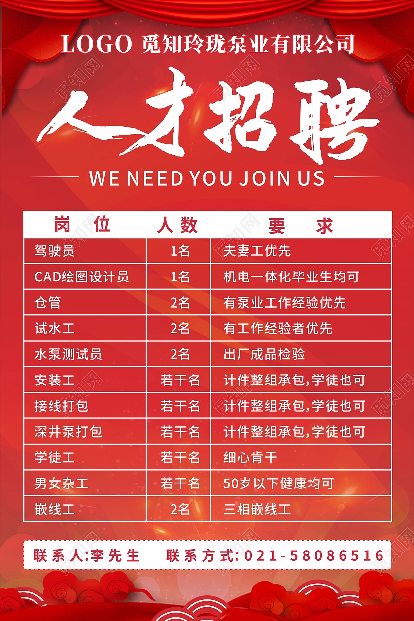 红色系企业门店工厂人才招聘海报工厂招聘