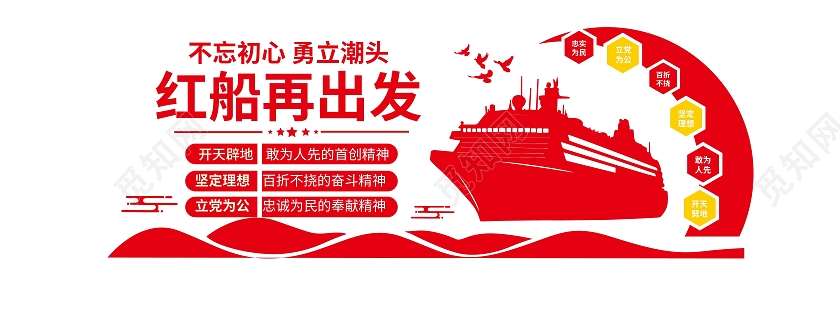 红色创意简洁不忘初心勇立潮头红船再出发文化墙设计红船精神文化墙