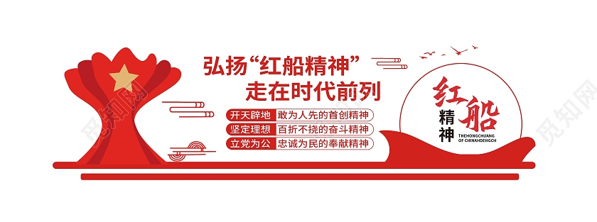 红色大气简洁党政党建红船精神文化墙设计