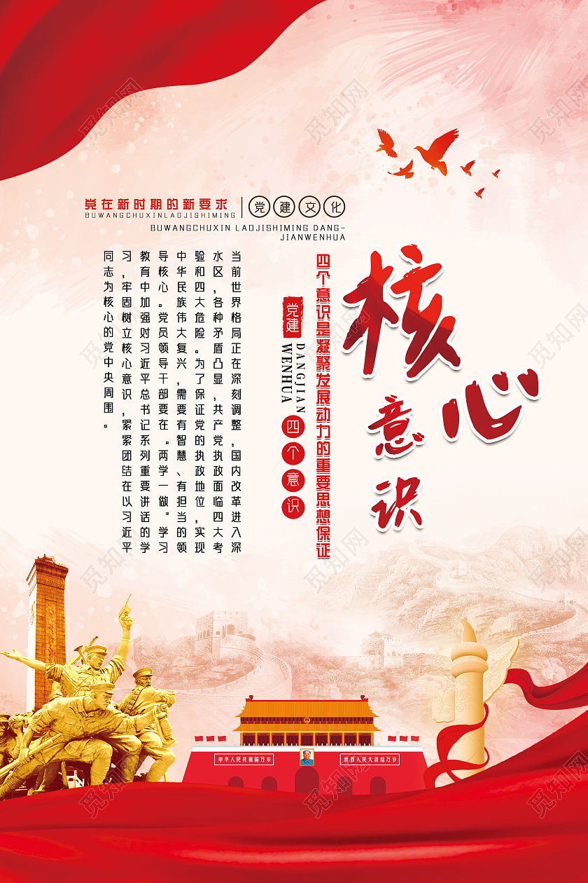 红色水彩四个意识党建四个意识海报党建党政党课