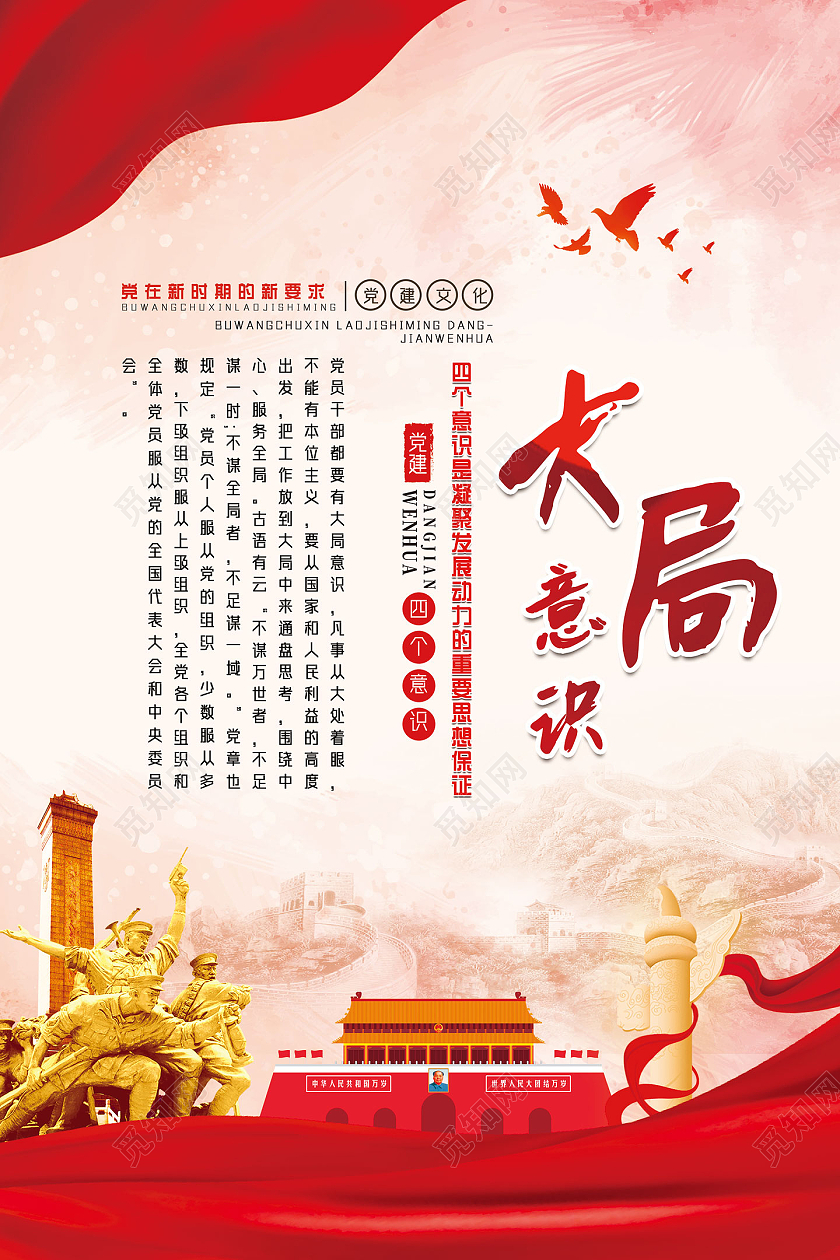 红色水彩四个意识党建四个意识海报党建党政党课