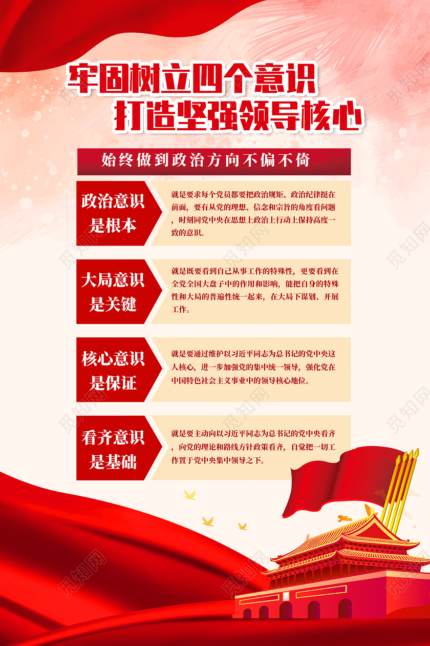 红色水彩牢固树立四个意识打造坚强领导核心党建四个意识海报党建