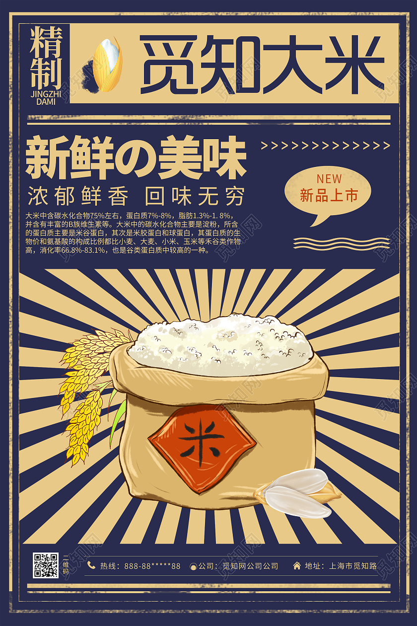 简约大气蓝色系觅知大米报纸排版风海报