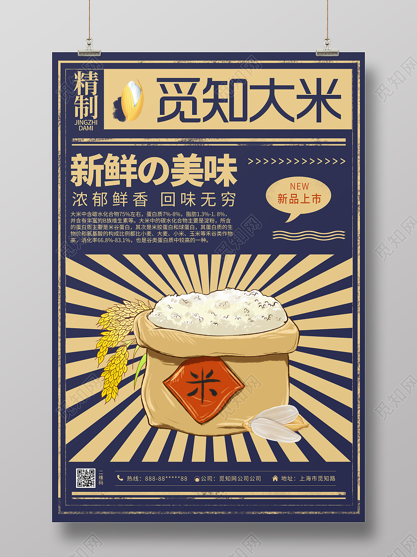 简约大气蓝色系觅知大米报纸排版风海报