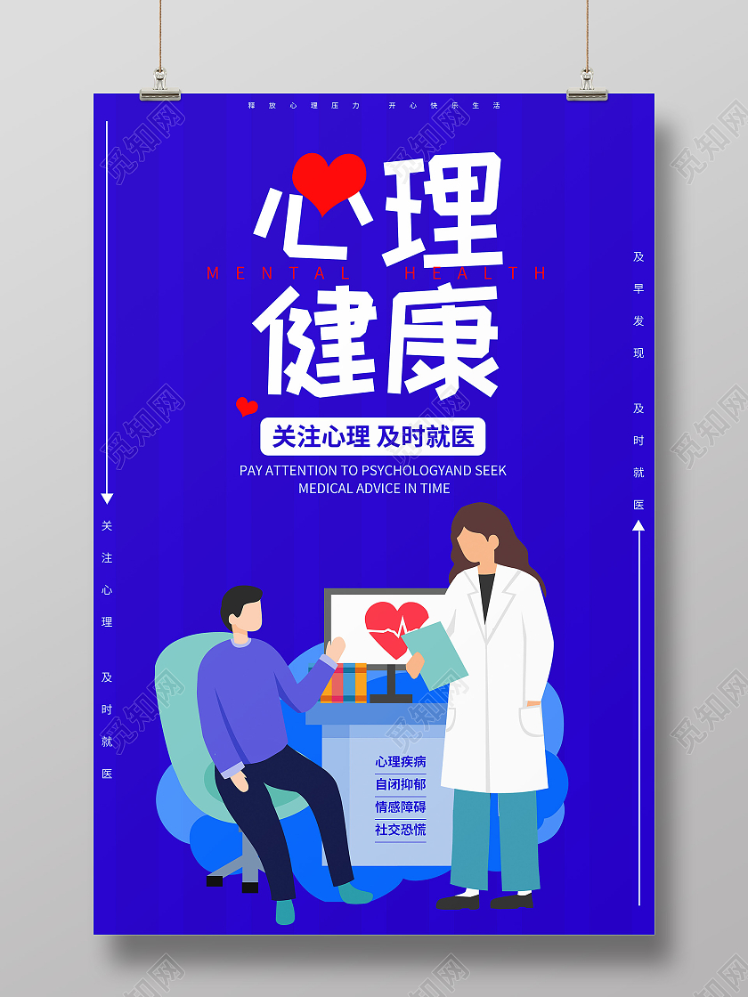 蓝色卡通心理健康关注心理海报