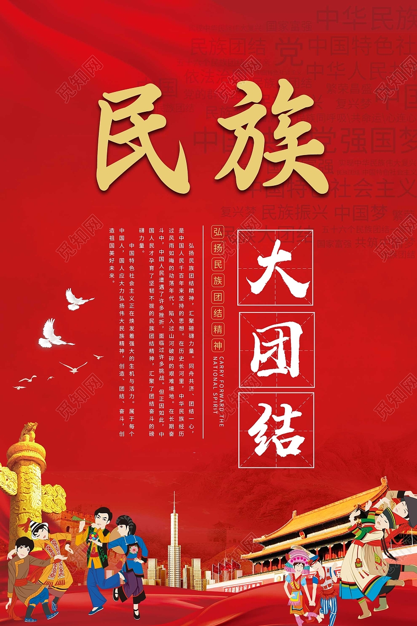 红色简约民族大团结宣传海报民族团结