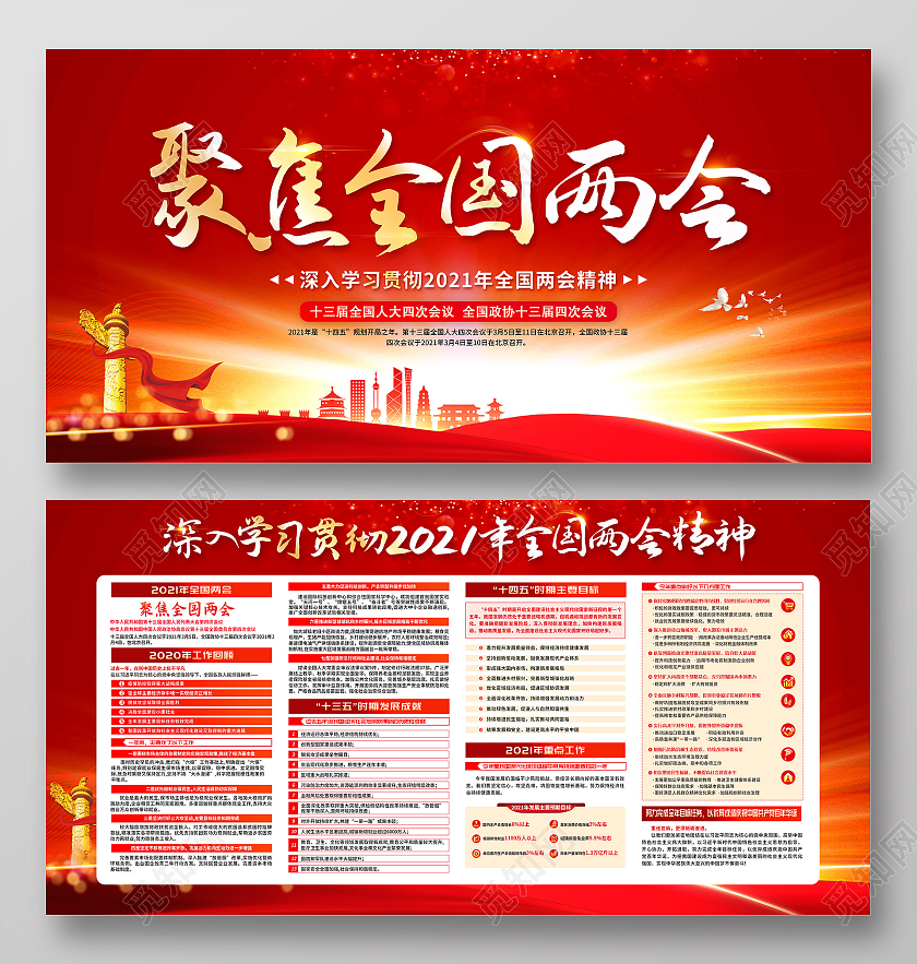 红色两会精神宣传栏2021两会精神宣传栏