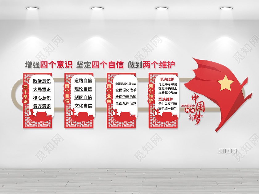 红色简洁大气永远跟党走共筑中国梦四个自信文化墙设计党建四个意识文化墙