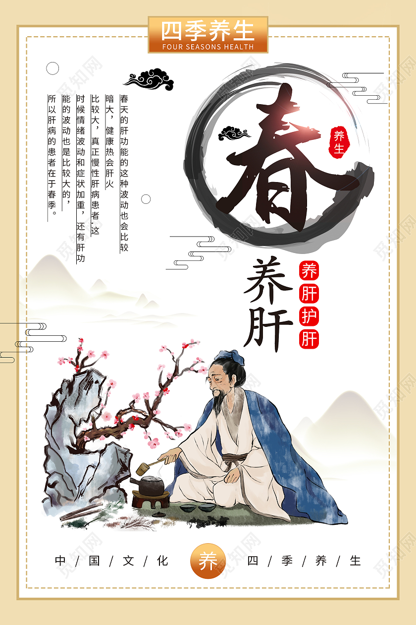 复古中国风春天养生养肝海报春季养生