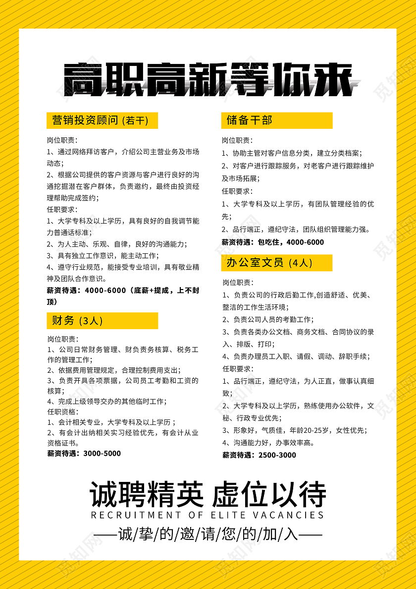 黄色扁平大气招聘宣传单