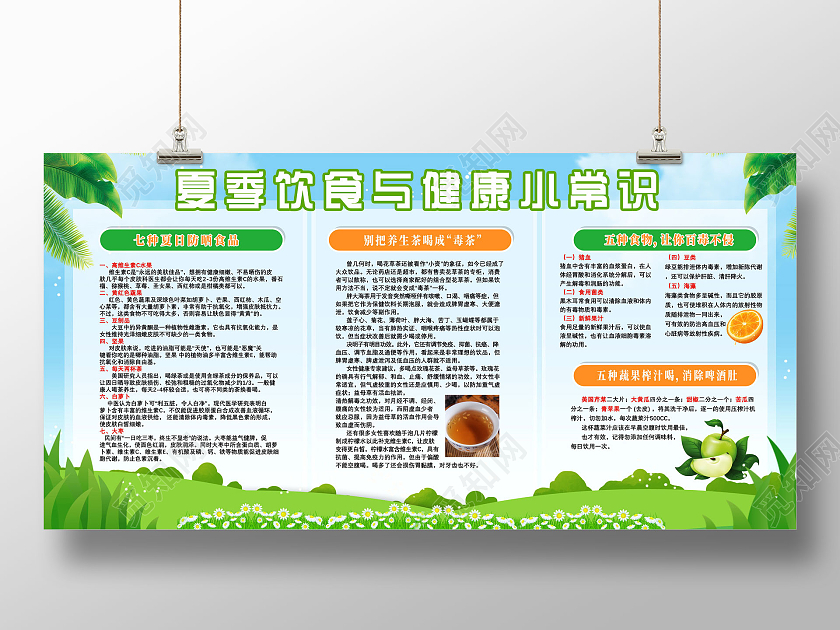 蓝天草地手绘夏季饮食与健康小常识夏季健康饮食展板